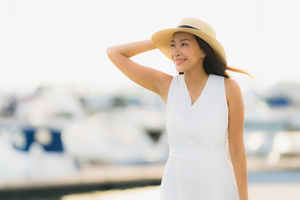 portrait beautiful young asian woman leisure smile happy relax around yacht port 74190 8773