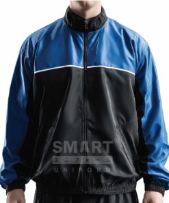แจ็คเก็ตสีน้ำเงินดำเงาแถบขาว คอสูงซิปตรงลุคสปอร์ต ใช้เป็นแจ็คเก็ตผู้ชายหรือแจ็คเก็ตผู้หญิงได้