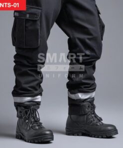 กางเกงยูนิฟอร์มทำงานขายาวสีดำ มุมด้านข้างโชว์กระเป๋าคาร์โก้ต้นขาฝาปิดพร้อมสายรัด ทรงกระบอกไม่รัดรูป ช่วงขาพับย่นตามการยืน และมีแถบสะท้อนแสงสีเงินบริเวณปลายขา ใส่รองเท้านิรภัย ฉากสตูดิโอพื้นเทา