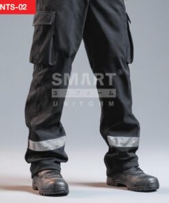 กางเกงยูนิฟอร์มทำงานขายาวสีดำ มุมด้านข้างโชว์กระเป๋าคาร์โก้ต้นขาฝาปิด ทรงไม่รัดรูป เนื้อผ้าเรียบดูทนทาน และมีแถบสะท้อนแสงสีเงินคาดรอบปลายขา ใส่รองเท้านิรภัย ถ่ายสตูดิโอพื้นเทาอ่อน