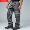กางเกงช็อปช่าง สีเทาเข้ม แถบสะท้อนแสง รอบขา ใส่รองเท้านิรภัย ถ่ายสตูดิโอ