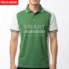 เสื้อโปโลยูนิฟอร์มสีเขียว ตัดต่อแขนสีขาว ปกและปลายแขนขลิบเส้นเขียวขาว กระดุมหน้า ทรงเรียบร้อย ถ่ายสตูดิโอพื้นหลังสีขาว