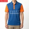 เสื้อโปโลยูนิฟอร์มสีน้ำเงิน ตัดต่อแขนและแถบข้างสีส้ม คอปกสีน้ำเงินขลิบเส้นสีส้ม สาบกระดุมสีส้ม 3 เม็ด ถ่ายสตูดิโอพื้นหลังสีขาว