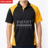 เสื้อโปโลยูนิฟอร์มสีดำตัดต่อสีเหลือง แขนสั้นทรงมาตรฐาน คอปกสีดำ สาบกระดุมหน้า 3 เม็ด มีชิ้นตัดต่อสีเหลืองบริเวณไหล่และแนวข้างลำตัว ถ่ายสตูดิโอพื้นหลังสีอ่อน