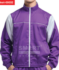 แจ็คเก็ตผ้าร่ม สีม่วงแต่งขาว คอจีนซิปตรง เส้นไลน์อกเพิ่มมิติ เอวจั๊ม ข้อมือยางยืด ทรงสปอร์ตสุภาพ