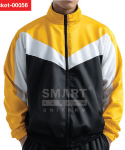 แจ็คเก็ตผ้าร่ม สีเหลืองตัดขาว–ดำ ลายเชฟรอนคู่ช่วงอก คอสูงซิปตรง กระเป๋าสองข้าง ลุคสปอร์ตสะดุดตา