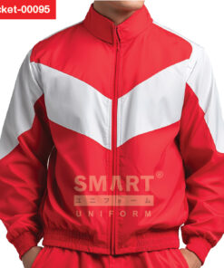 แจ็คเก็ตสีแดงตัดต่อขาว คอสูงซิปตรงลุคสปอร์ต ใส่ได้ทั้งแจ็คเก็ตผู้ชายและแจ็คเก็ตผู้หญิง