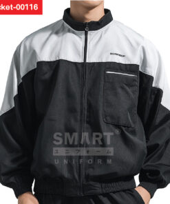 แจ็คเก็ต สีดำเทาตัดขาว กระเป๋าซิปหน้า ทรงยูนิฟอร์มลุคมินิมอล เหมาะสำหรับแจ็คเก็ตผู้ชายและแจ็คเก็ตผู้หญิง