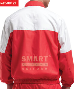 แจ็คเก็ต สีขาวตัดแดง มุมด้านหลัง ทรงยูนิฟอร์ม ใส่ได้ทั้งแจ็คเก็ตผู้ชายและแจ็คเก็ตผู้หญิง โทนสีเด่นสะดุดตา