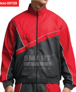 แจ็คเก็ตสีแดงดำลายคาดเฉียงซิปหน้า สไตล์สปอร์ตโมเดิร์น เหมาะเป็นแจ็คเก็ตผู้หญิงและแจ็คเก็ตผู้ชายสำหรับงานทีมและองค์กร