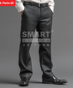 กางเกงทำงานผู้ชายสีเทาเข้ม ทรงตรงสุภาพ ดีไซน์เรียบสำหรับลุคออฟฟิศ จับคู่เสื้อเชิ้ตสีอ่อนและรองเท้าหนังสีดำ เหมาะกับยูนิฟอร์มองค์กรและการแต่งกายแบบมืออาชีพ